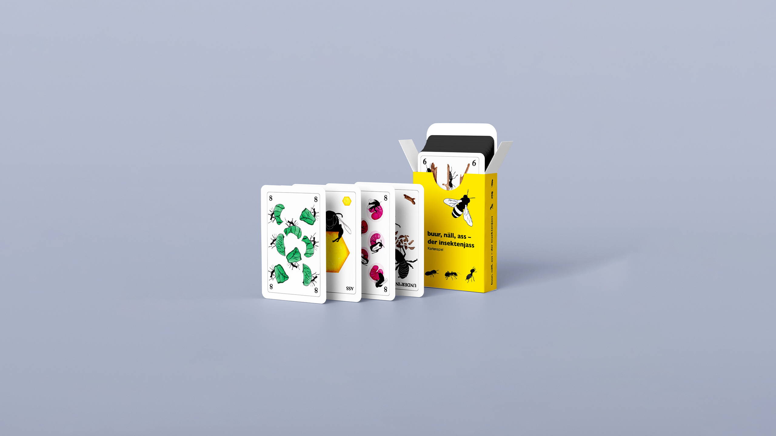 Buur, Näll, Ass – der Insektenjass. Jasskartendesign, Grafik, Illustration und Packaging von deiner Grafik Agentur in Winterthur.