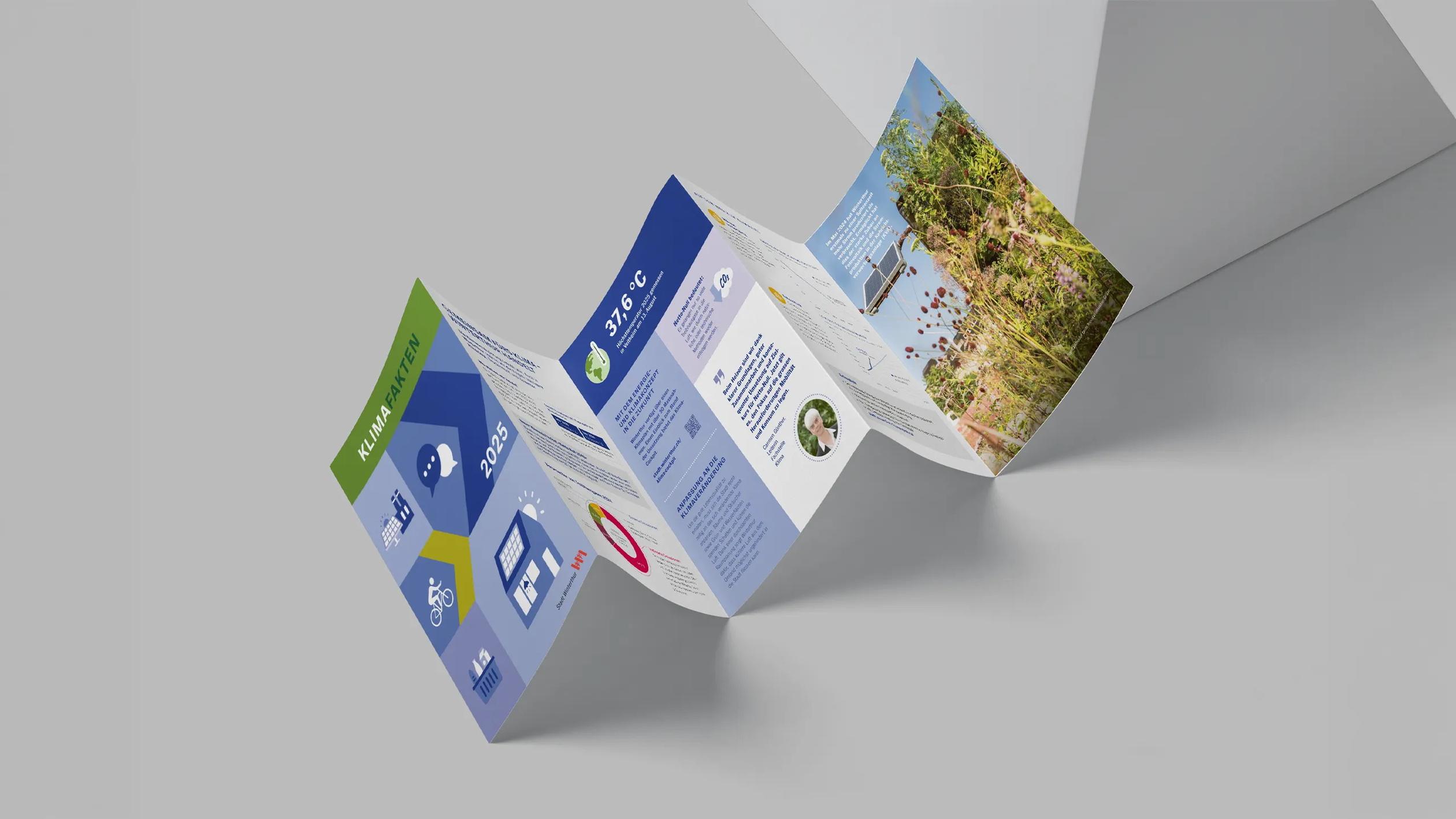 Layoutdesign eines Faltflyers für die Umwelt und KLimafakten der Stadt Winterthur. 